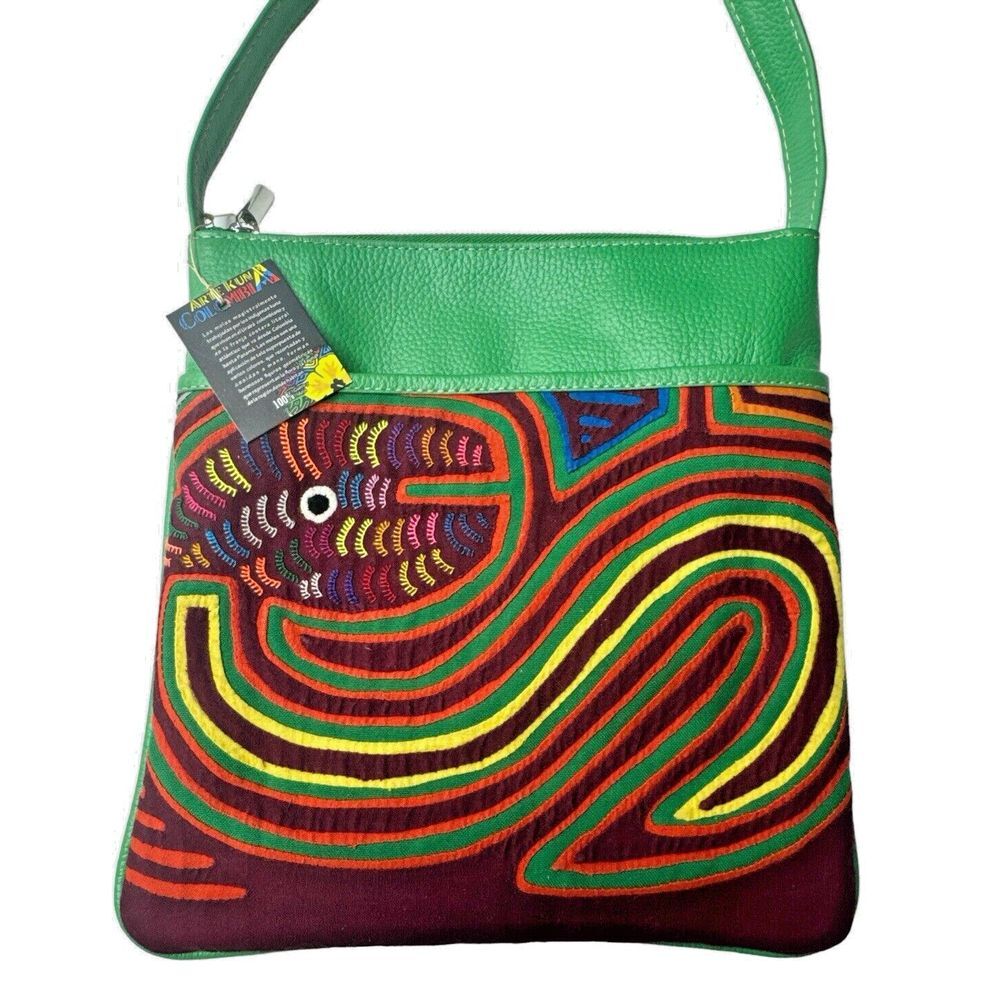 Arte Kuna Colombia Leather Crossbody‎ Bag - Mola Design, Lined, Multiple Pockets